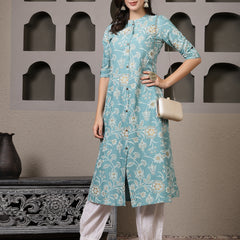 Stylum Women's Aqua Floral Printed Rayon A-Line Kurta Pant Set (KPFALANGAQUA)