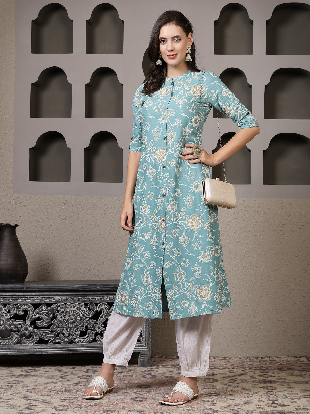 Stylum Women's Aqua Floral Printed Rayon A-Line Kurta Pant Set (KPFALANGAQUA)