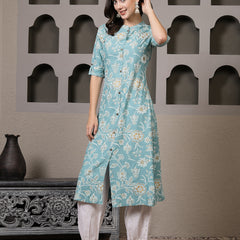Stylum Women's Aqua Floral Printed Rayon A-Line Kurta Pant Set (KPFALANGAQUA)