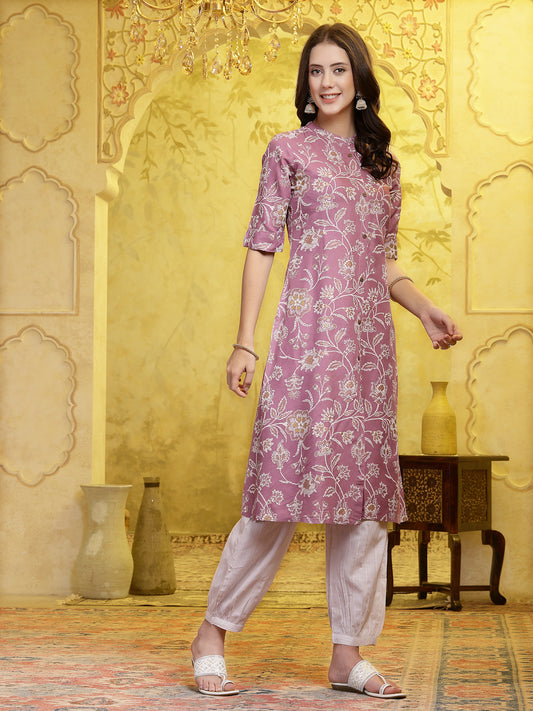 Stylum Women's Mauve Floral Printed Rayon A-Line Kurta Pant Set (KPFALANGMAUVE)