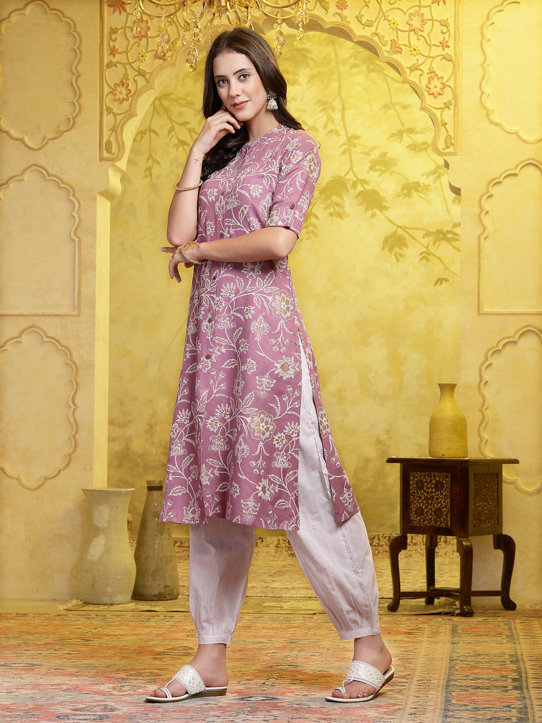 Stylum Women's Mauve Floral Printed Rayon A-Line Kurta Pant Set (KPFALANGMAUVE)