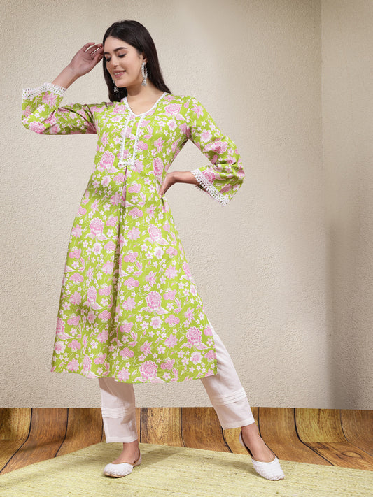 Stylum Women's Floral Printed Cotton Straight Kurta Pant Set (KPGRASSYGREEN)