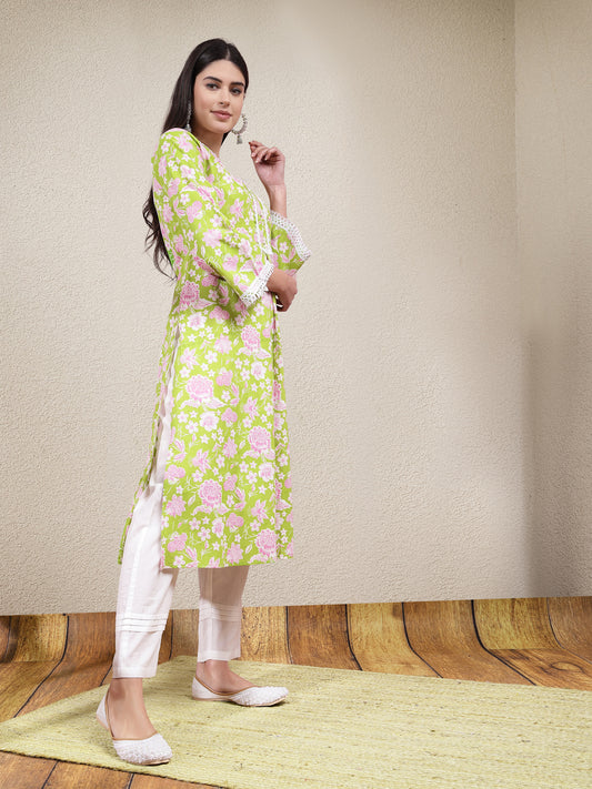 Stylum Women's Floral Printed Cotton Straight Kurta Pant Set (KPGRASSYGREEN)