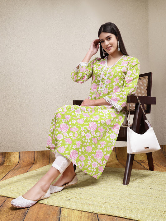 Stylum Women's Floral Printed Cotton Straight Kurta Pant Set (KPGRASSYGREEN)