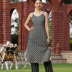 Stylum Women's Green Printed Cotton Straight Kurta Pant Set (KPGREENANNIE)