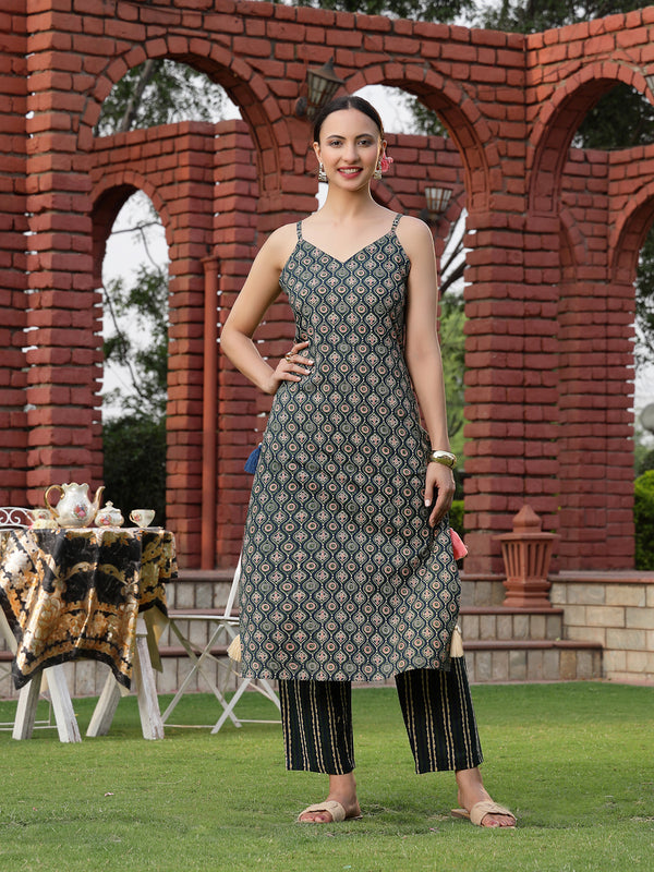 Stylum Women's Green Printed Cotton Straight Kurta Pant Set (KPGREENANNIE)