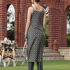 Stylum Women's Green Printed Cotton Straight Kurta Pant Set (KPGREENANNIE)