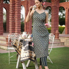 Stylum Women's Green Printed Cotton Straight Kurta Pant Set (KPGREENANNIE)