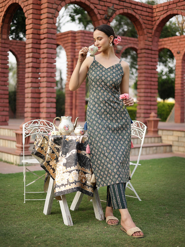 Stylum Women's Green Printed Cotton Straight Kurta Pant Set (KPGREENANNIE)