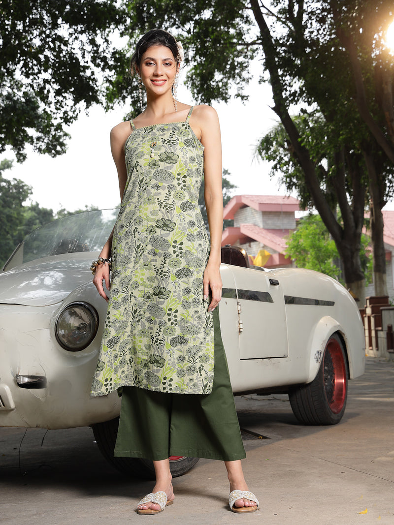 Stylum Women's Green Floral Printed Cotton Straight Kurta Palazzo Set (KPGREENCLOVER)