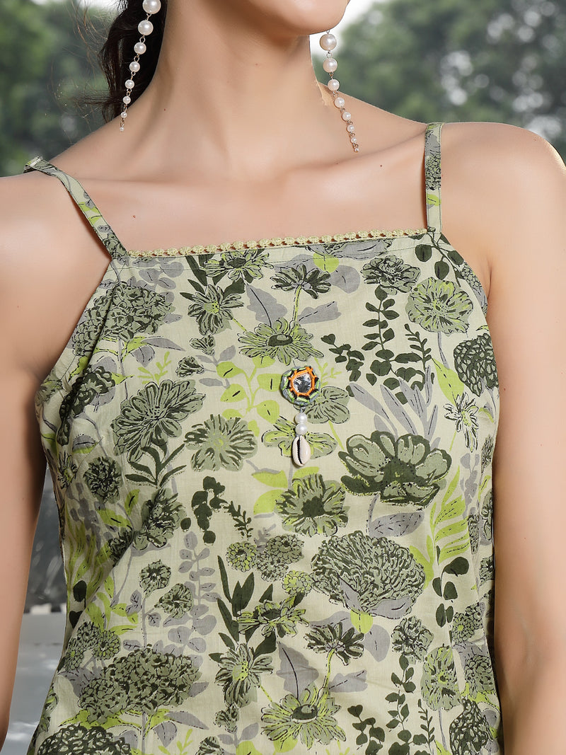 Stylum Women's Green Floral Printed Cotton Straight Kurta Palazzo Set (KPGREENCLOVER)