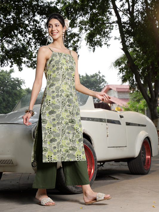 Stylum Women's Green Floral Printed Cotton Straight Kurta Palazzo Set (KPGREENCLOVER)