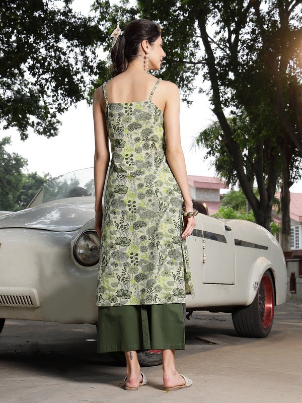 Stylum Women's Green Floral Printed Cotton Straight Kurta Palazzo Set (KPGREENCLOVER)