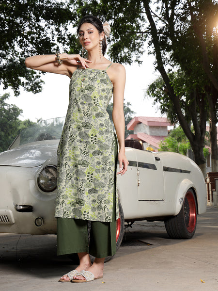 Stylum Women's Green Floral Printed Cotton Straight Kurta Palazzo Set (KPGREENCLOVER)