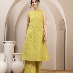 Stylum Women's Green Woven Design Kantha Cotton A-Line Kurta Palazzo Set (KPGREENLOKHA)