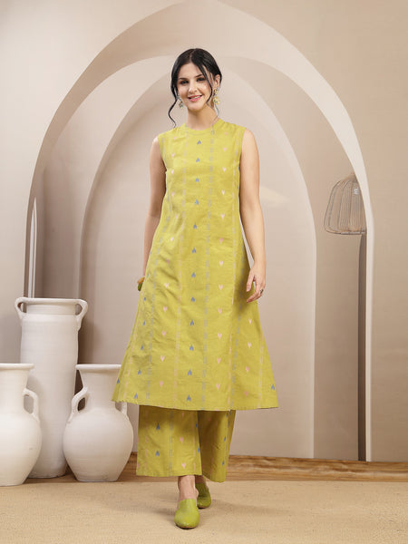 Stylum Women's Green Woven Design Kantha Cotton A-Line Kurta Palazzo Set (KPGREENLOKHA)