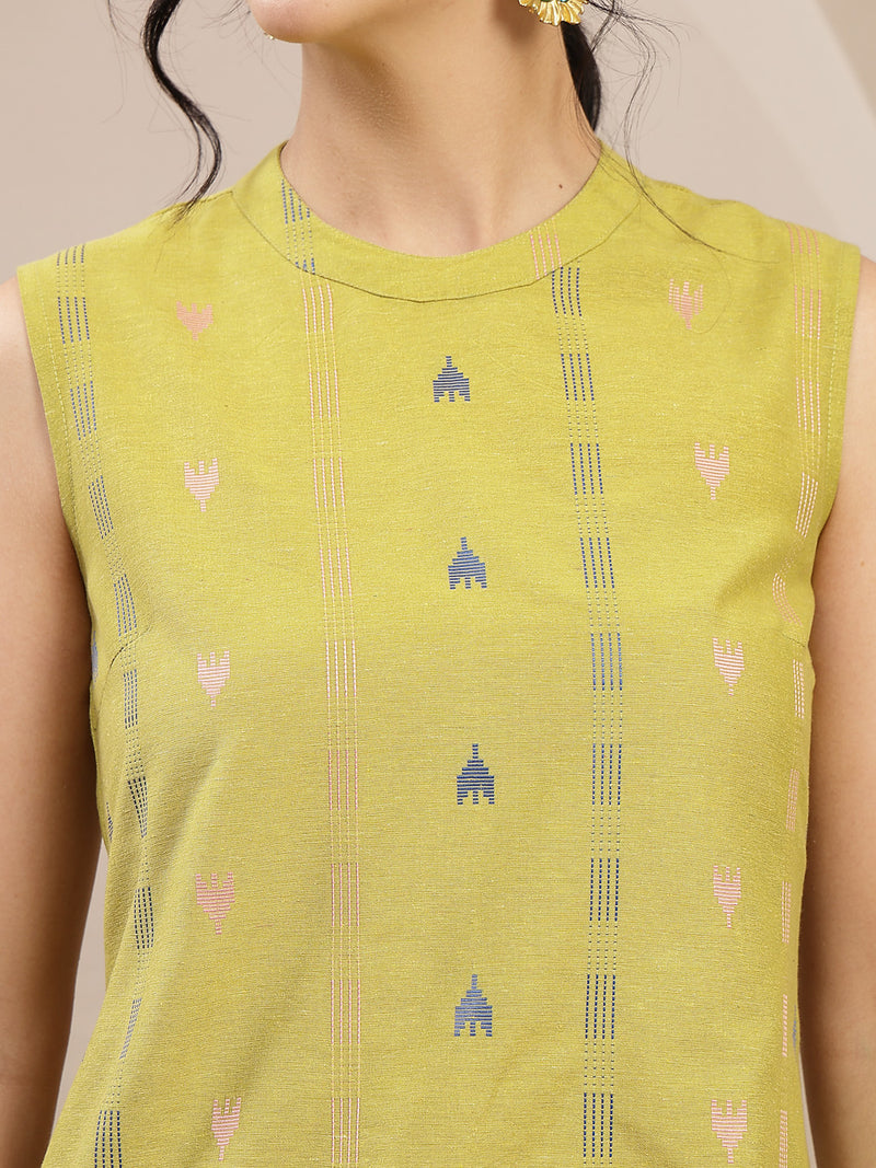 Stylum Women's Green Woven Design Kantha Cotton A-Line Kurta Palazzo Set (KPGREENLOKHA)