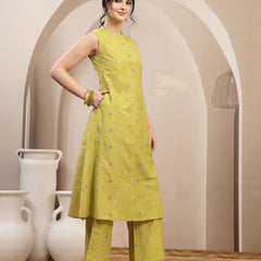 Stylum Women's Green Woven Design Kantha Cotton A-Line Kurta Palazzo Set (KPGREENLOKHA)