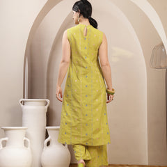 Stylum Women's Green Woven Design Kantha Cotton A-Line Kurta Palazzo Set (KPGREENLOKHA)