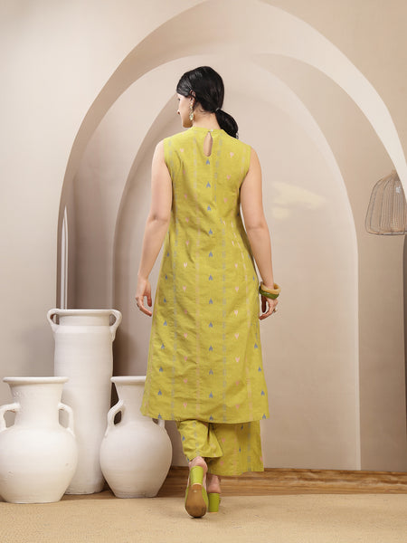 Stylum Women's Green Woven Design Kantha Cotton A-Line Kurta Palazzo Set (KPGREENLOKHA)