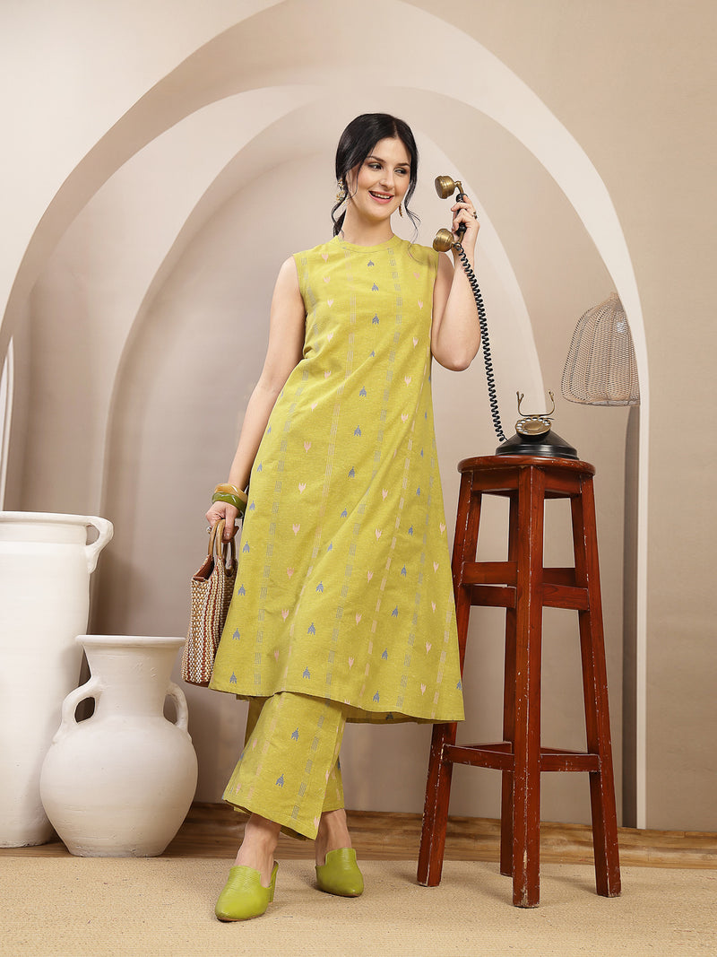 Stylum Women's Green Woven Design Kantha Cotton A-Line Kurta Palazzo Set (KPGREENLOKHA)