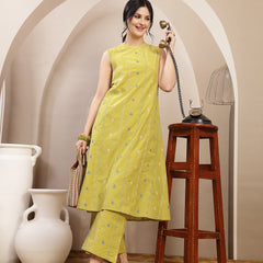 Stylum Women's Green Woven Design Kantha Cotton A-Line Kurta Palazzo Set (KPGREENLOKHA)