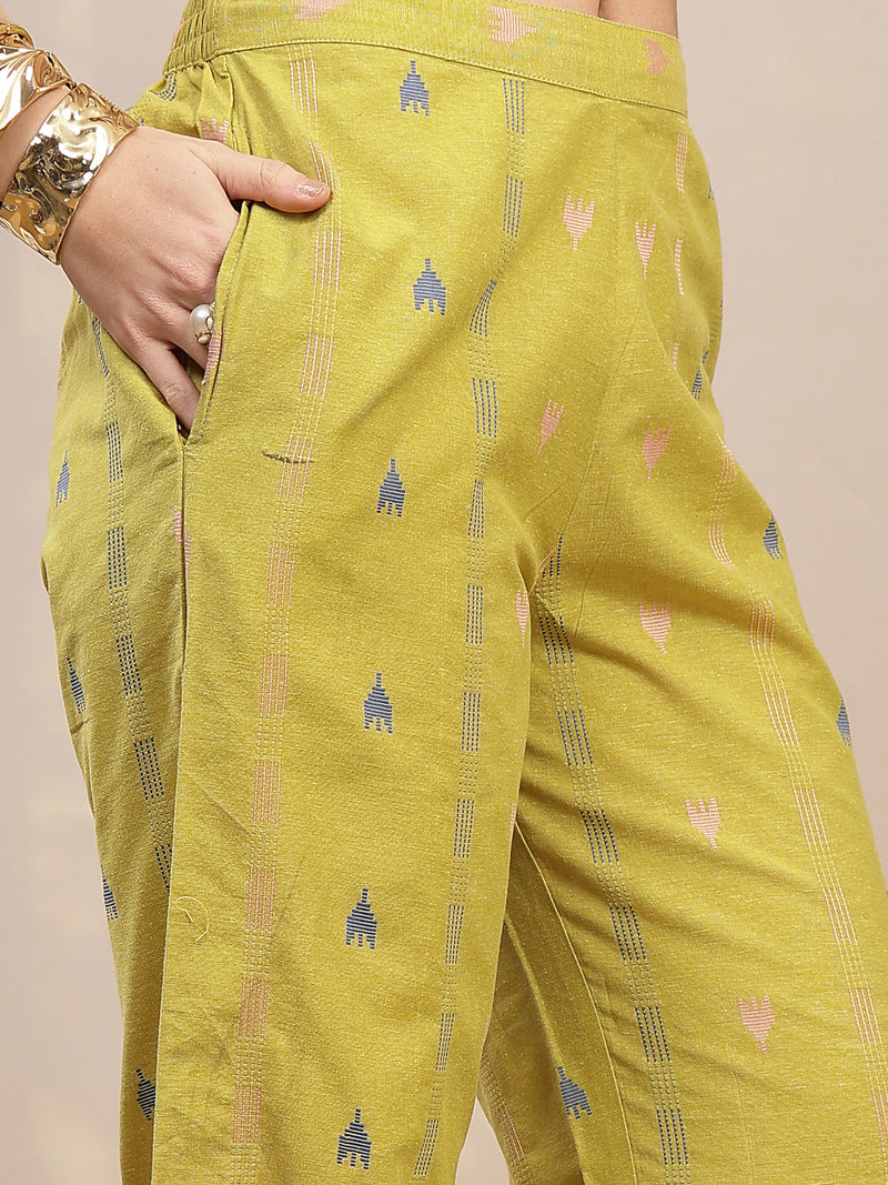 Stylum Women's Green Woven Design Kantha Cotton A-Line Kurta Palazzo Set (KPGREENLOKHA)