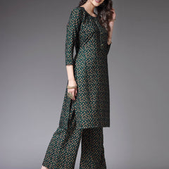 Stylum Women's Printed Poly Crepe Straight Kurta Palazzo Set (KPGREENTALE)