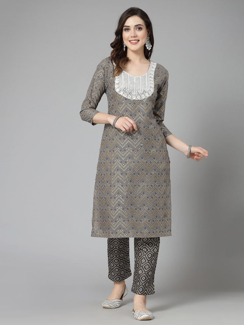 Grey Cotton Blend Straight Kurta Pant Set