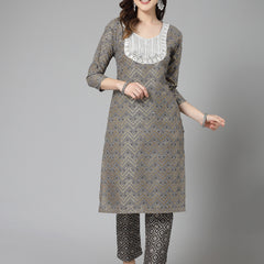 Grey Cotton Blend Straight Kurta Pant Set