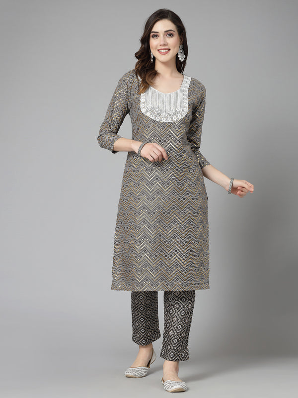 Grey Cotton Blend Straight Kurta Pant Set