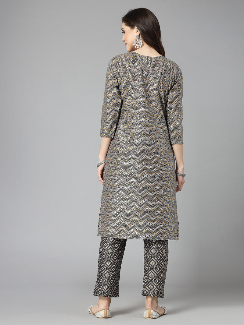 Grey Cotton Blend Straight Kurta Pant Set