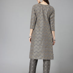 Grey Cotton Blend Straight Kurta Pant Set