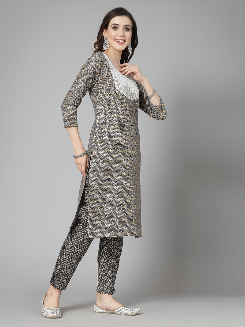 Grey Cotton Blend Straight Kurta Pant Set