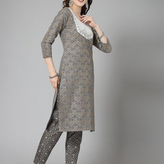 Grey Cotton Blend Straight Kurta Pant Set