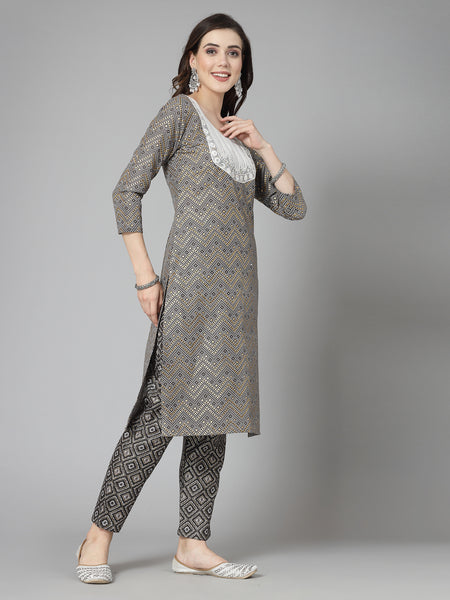 Grey Cotton Blend Straight Kurta Pant Set