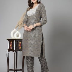 Grey Cotton Blend Straight Kurta Pant Set