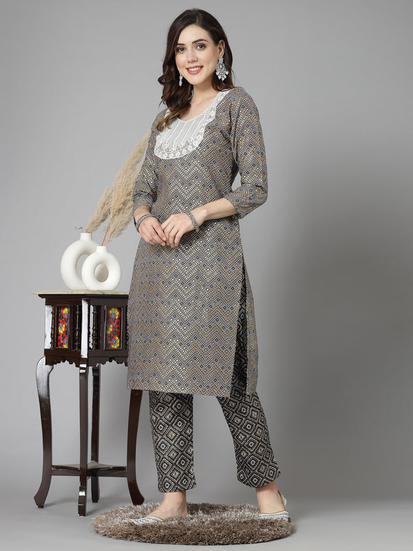 Grey Cotton Blend Straight Kurta Pant Set