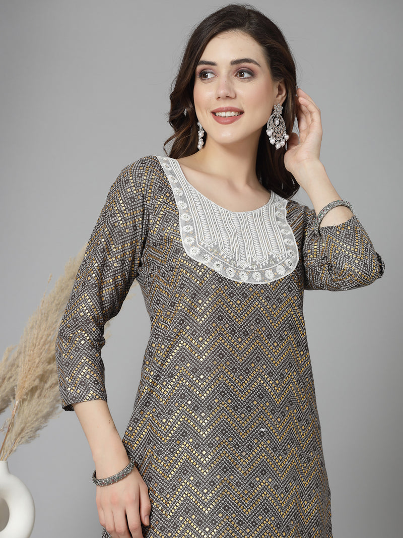 Grey Cotton Blend Straight Kurta Pant Set