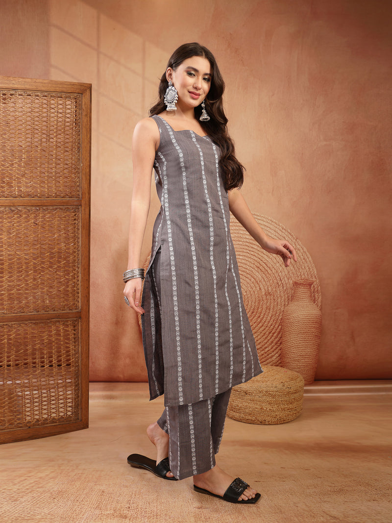 Stylum Women's Grey Woven Printed Cotton Straight Kurta Pant Set (KPGREYYAMLA)