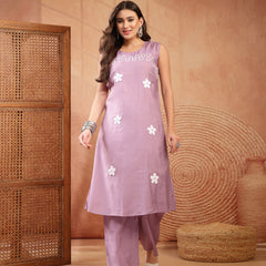 Stylum Women's Lilac Solid & Embroidered Poly Silk A-line Kurta Pant Set (KPLILACDHANI)
