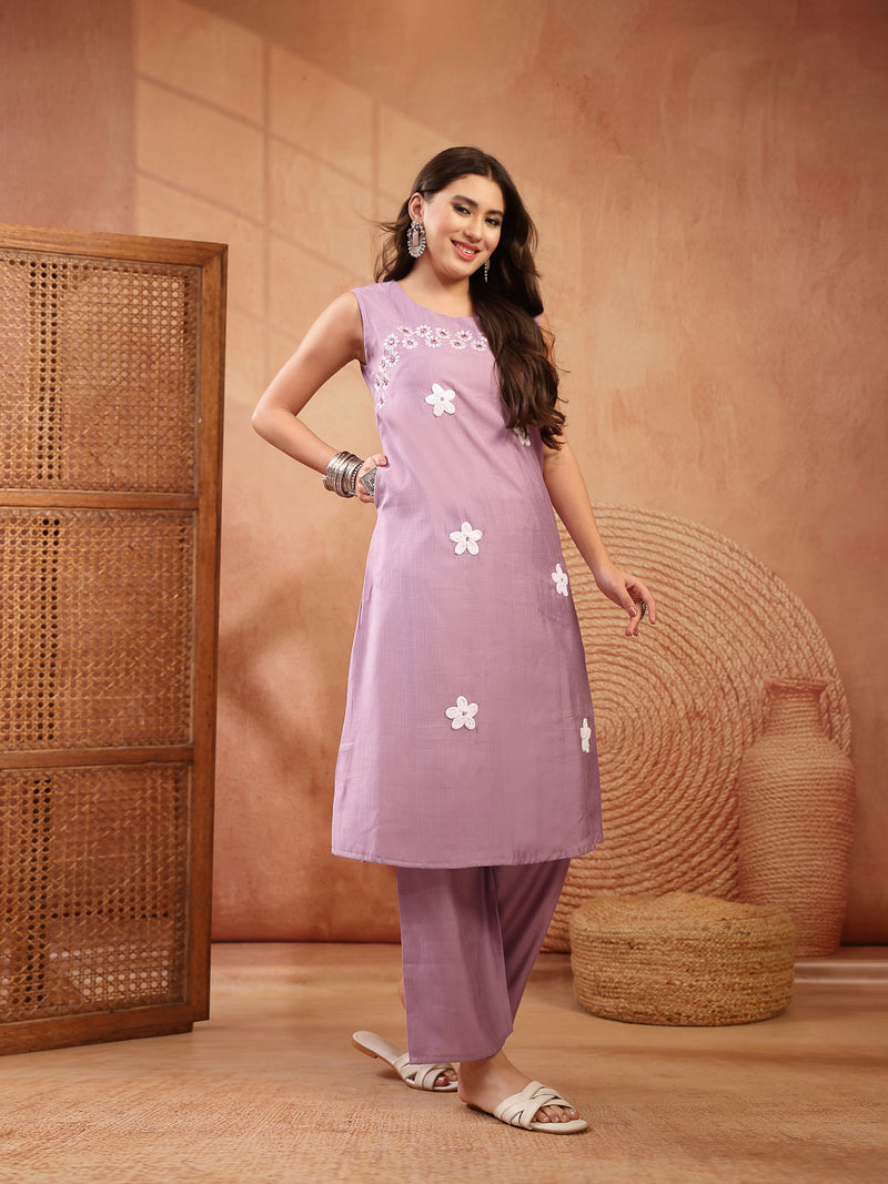 Stylum Women's Lilac Solid & Embroidered Poly Silk A-line Kurta Pant Set (KPLILACDHANI)