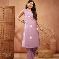 Stylum Women's Lilac Solid & Embroidered Poly Silk A-line Kurta Pant Set (KPLILACDHANI)