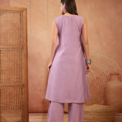 Stylum Women's Lilac Solid & Embroidered Poly Silk A-line Kurta Pant Set (KPLILACDHANI)