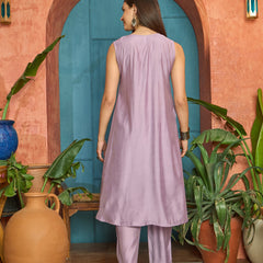 Stylum Women's Lilac Solid & Embroidered Poly Silk A-line Kurta Pant Set (KPLILACDHANI)