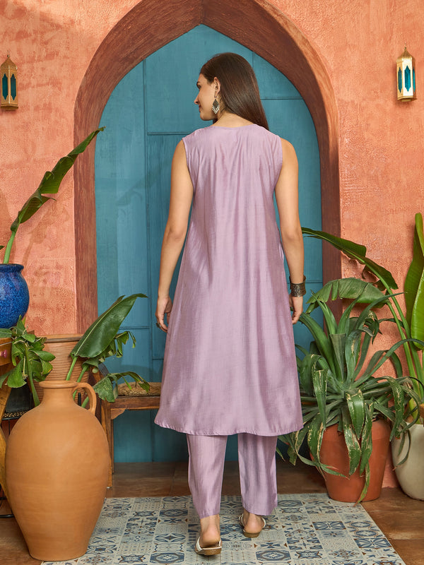 Stylum Women's Lilac Solid & Embroidered Poly Silk A-line Kurta Pant Set (KPLILACDHANI)