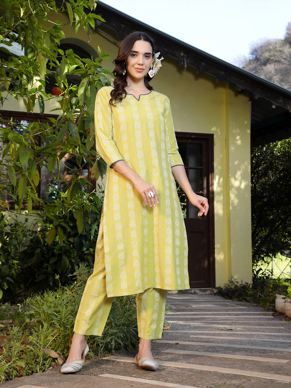 Stylum Women's Lime Green Woven Design Cotton Blend Straight Kurta Pant Set (KPLIMESHIMLA)