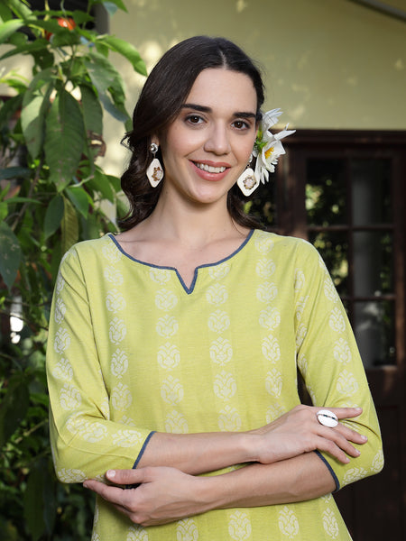 Stylum Women's Lime Green Woven Design Cotton Blend Straight Kurta Pant Set (KPLIMESHIMLA)