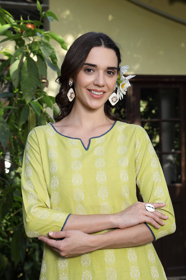 Stylum Women's Lime Green Woven Design Cotton Blend Straight Kurta Pant Set (KPLIMESHIMLA)