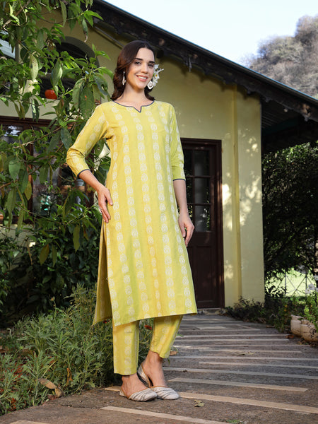 Stylum Women's Lime Green Woven Design Cotton Blend Straight Kurta Pant Set (KPLIMESHIMLA)
